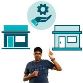 A person raising their hand. There are two buildings above them with a services icon.