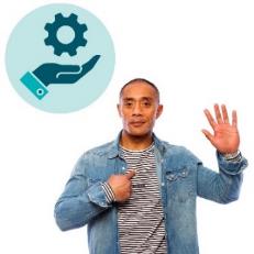 A person pointing at themselves with their hand raised. Above is a services icon.