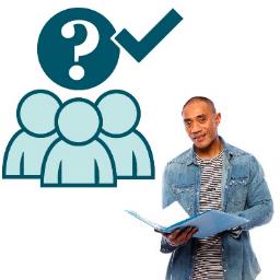 A person reading a document. Next to them is an icon of a group of people with a question mark above them and a tick.