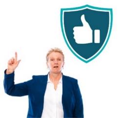 A person with their hand raised to speak. Above is a safety icon.