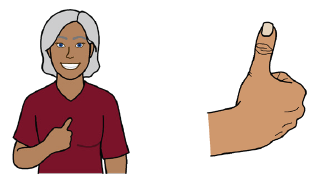 A person smiling and pointing to themselves, next to a thumbs up.