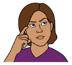 A person holding a finger to their temple, in a thinking expression.