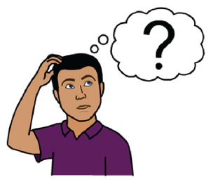 A person scratching their head, with a thought bubble containing a question mark.