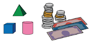 A pyramid, cube, and cylinder, next to some money.