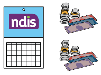 A calendar with the NDIS logo, next to two piles of money.