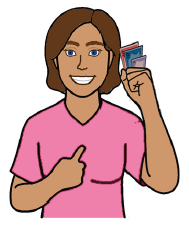 A person who is smiling, holding some money, and pointing to themselves.