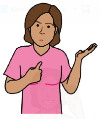 A person with a serious expression, with one hand pointing to themselves and the other held to the side, palm upward.